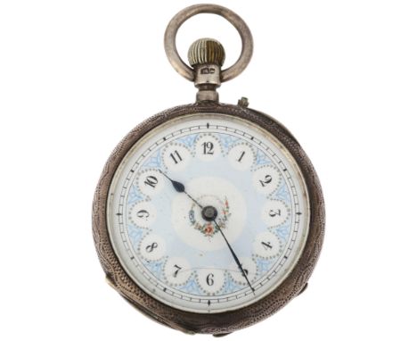 A 19th century silver open-face keyless fob watch, hand painted floral white enamel dial with Arabic numerals, blued steel sp