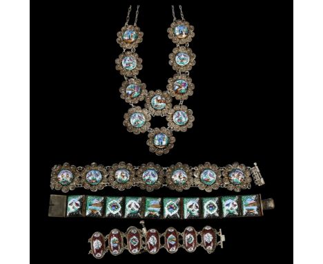 A group of filigree and enamel jewellery, including flowerhead necklace and bracelet set, necklace 40cm, 93.7g total (4)Lot s