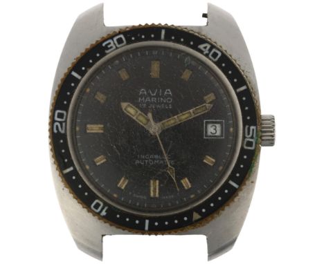 AVIA - a stainless steel Marino Skin Diver automatic calendar wristwatch head, ref. 15033, circa 1960s, black dial with baton