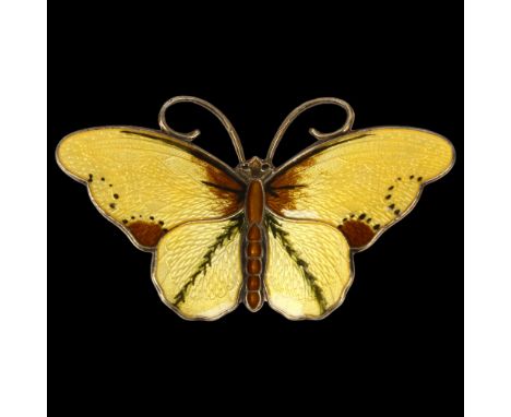 HROAR PRYDZ - a large Norwegian silver-gilt yellow enamel figural butterfly pendant/brooch, wingspan 63.4mm, 17.8gEnamel has 