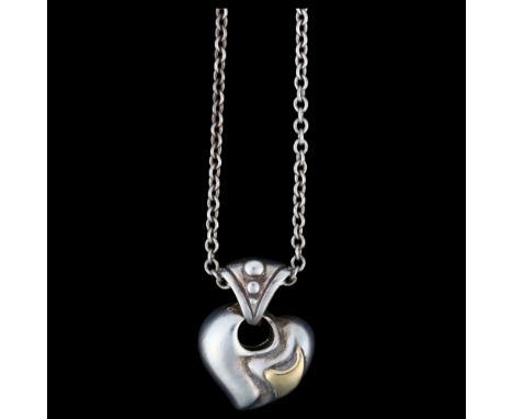 MINAS SPIRIDIS - a Greek stylised sterling silver and silver-gilt heart pendant necklace, on sterling cable link chain, penda