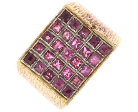 A late 20th century 18ct gold ruby chequerboard signet ring, maker AJ Co, import Birmingham 1977, set with square calibre-cut