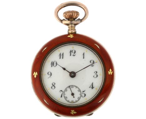 A Continental silver-gilt red enamel open-face keyless fob watch, white enamel dial with hand painted Arabic numerals, blued 