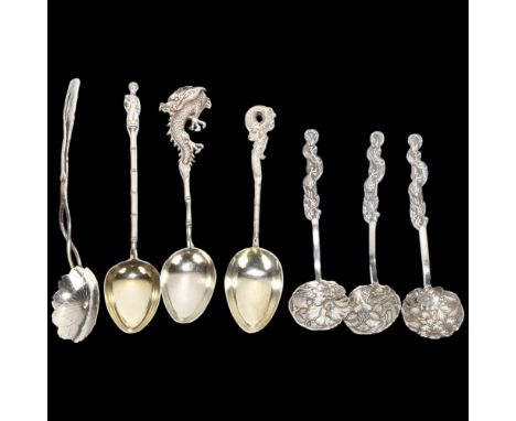 7 Chinese silver spoons, various makers, including dragon and lily pad designs, largest 13.5cmNo damage or repair, only light