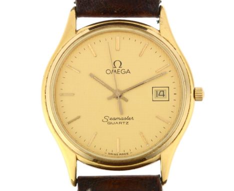OMEGA - a gold plated stainless steel Seamaster quartz calendar wristwatch, ref. 1430, champagne dial with applied gilt baton