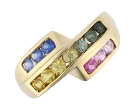 A modern 9ct gold vari-hue sapphire dress ring, setting height 10.7mm, size M, 3.1gNo damage or repair, all stones present 