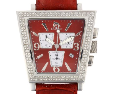 TECHNO MASTER - a stainless steel diamond quartz calendar chronograph wristwatch, ref. TM2055, red dial with quarterly Arabic