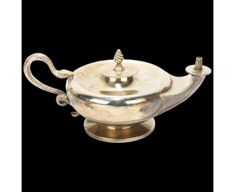 An Art Deco George V silver Aladdin's oil lamp, William Comyns, London 1931, with snake handle, height 7cm, 5.7ozBody has a f