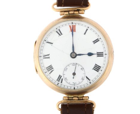 ZENITH - a First World War Period 15ct gold Officer's style trench mechanical wristwatch, white enamel dial with hand painted