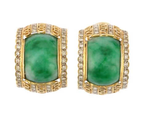 A pair of Continental 18ct gold and diamond half hoop earrings, set with curved rectangular jade panels, modern round brillia