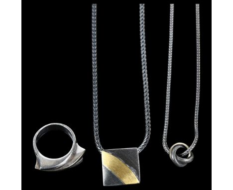 JENS JOHS AAGAARD - a group of Danish modernist oxidised and gilded sterling silver jewellery, comprising 2 pendant necklaces