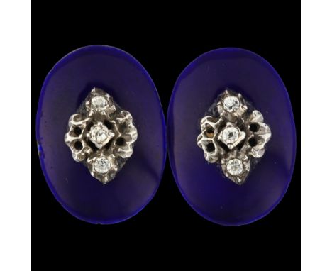 A pair of Georgian blue enamel and paste Bague Au Firmament oval earrings, apparently unmarked, silver settings, 19.9mm, 7.3g