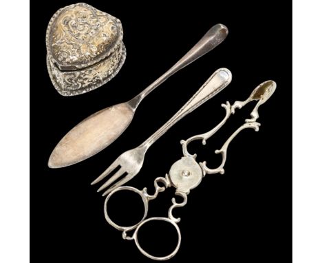 Various silver, including Victorian heart jewel box, Birmingham 1892, and sugar nips, London 1898, 2.5oz totalLot sold as see