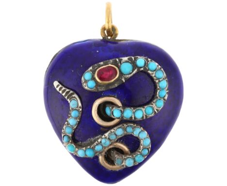 A fine ruby turquoise and blue enamel snake heart pendant, modelled as a snake slithering through holes in a heart, set with 