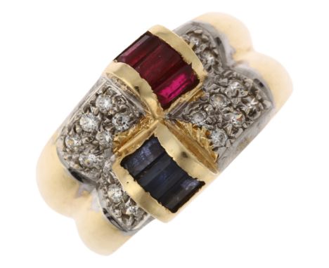 A Continental 14ct gold ruby sapphire and diamond double-band ring, set with modern round brilliant-cut diamonds, setting hei