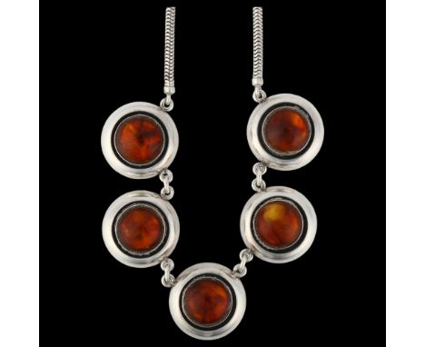NIELS ERIK FROM - a Danish modernist sterling silver and amber panel necklace, on integral snake link chain, 41.5cm, 46gNo da
