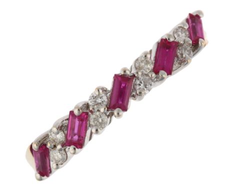 An 18ct gold ruby and diamond half hoop ring, set with rectangular step-cut rubies and modern round brilliant-cut diamonds, s