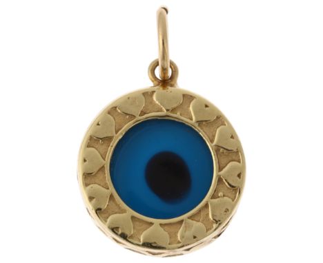 A Continental glass 'Evil Eye' drop pendant, with heart and zig-zag decoration, apparently unmarked, 16mm, 3.6gNo damage or r