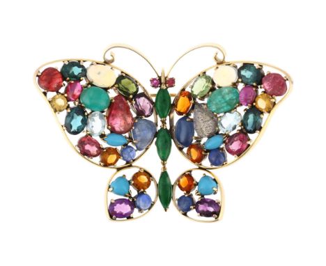 A large 14ct gold gem set figural butterfly brooch, gemstones include jade, opal, ruby, sapphire, peridot, amethyst etc, wing