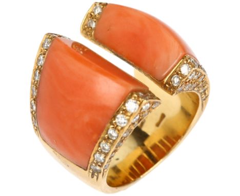 An Italian 18ct gold coral and diamond torque ring, pave set with modern round brilliant-cut diamonds, unsigned, setting heig