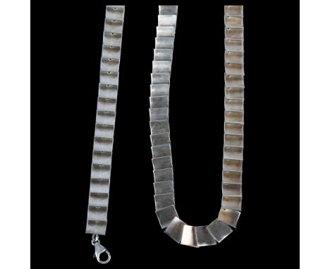 SCROUPLES - a Danish modernist sterling silver geometric square panel necklace and bracelet set, 45cm and 19cm, 63.3g total (