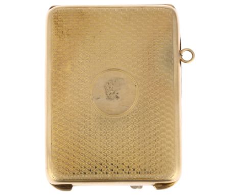 An Art Deco 9ct gold matchbook Vesta case, William Base & Sons, Birmingham 1922, allover engine turned decoration with sprung