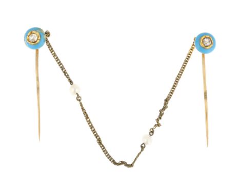 A pair of French 19th century diamond, blue enamel and pearl scarf pins, each set with old-cut diamond and pearl spacer chain
