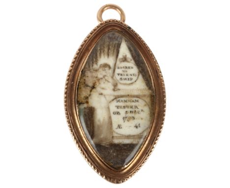 A Georgian navette miniature portrait mourning pendant, unmarked rose gold closed-back settings, with miniature sepia waterco