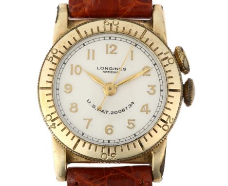LONGINES - an American 10k gold filled Weems Pilot's mechanical wristwatch, circa 1930s, silvered dial with applied gilt Arab