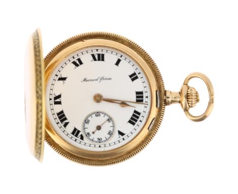 MERMOD FRERES - a 14ct gold full hunter keyless side-wind fob watch, white enamel dial with hand painted Roman numeral hour m