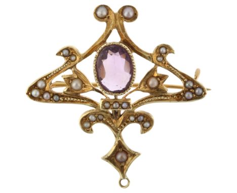 A 14ct gold amethyst and pearl openwork brooch in the Edwardian style, 31.7mm, 4.3g1 pearl missing otherwise no damage or rep