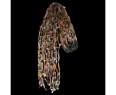 An 8-strand vari-hue tourmaline bead scarf drape necklace, with rough-cut and tear-drop beads, overall length 100cm, 220g1 st