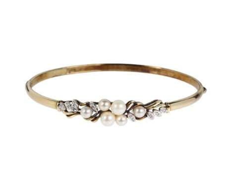 A late 20th century 9ct gold cultured pearl and diamond floral hinged bangle, setting height 9.5mm, internal circumference 17