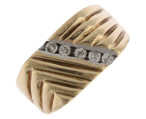 A 9ct gold diamond ribbed signet ring, maker V&Co, import Sheffield 1991, channel set with modern round brilliant-cut diamond