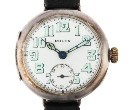 ROLEX - a First World War Period silver "Triple Signed" Officer's style trench wristwatch, circa 1916, white enamel dial with