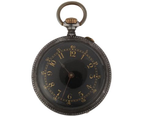 An early 20th century Swiss gun-metal open-face keyless fob watch, by Gustave Badollet, black enamel dial with gilded Arabic 