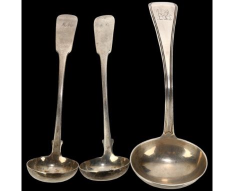 A pair of William IV Scottish silver Fiddle pattern sauce ladles, Peter Aitken I, Glasgow 1838, and a Victorian silver Old En