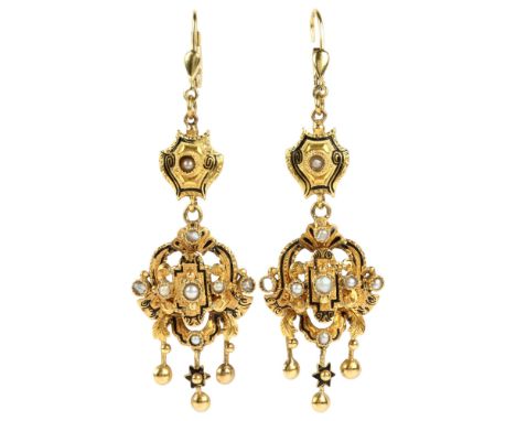 A pair of Victorian split pearl and black enamel drop earrings, circa 1860, the finely chased openwork frame set with pearls 