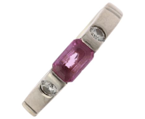 A modern platinum three stone pink sapphire and diamond tank ring, setting height 3.4mm, size G, 4.4gAll stones present, high