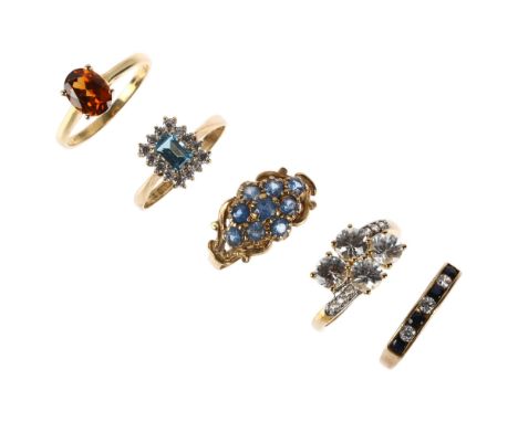 5 x 9ct gold gem set rings, sizes L, N x 3, and P, 11g gross (5)Lot sold as seen unless specific item(s) requested 