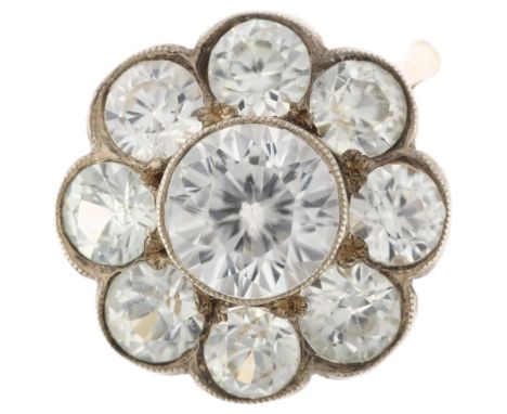 An 18ct gold white zircon flowerhead cluster ring, platinum-topped, set with round-cut zircon, setting height 16.2mm, size N,