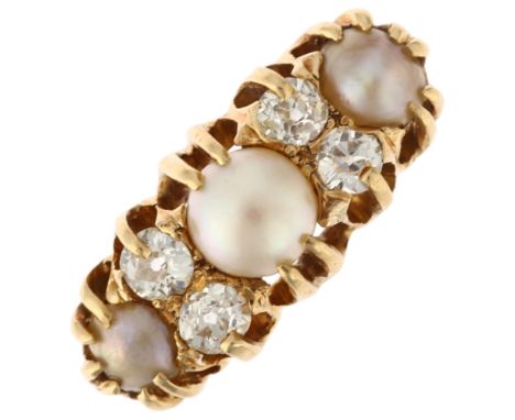 An 18ct gold seven stone split pearl and diamond half hoop ring, set with old European-cut diamonds, setting height 7.7mm, si