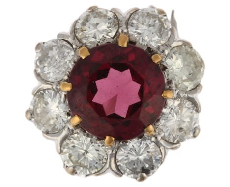 A fine pyrope garnet and diamond flowerhead cluster ring, claw set with 2ct round-cut garnet surrounded by modern round brill