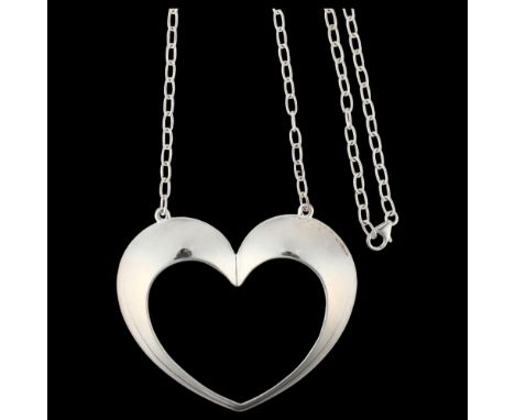 BERNHARD HERTZ - a large Danish modernist sterling silver heart openwork pendant necklace, on integral sterling cable link ch