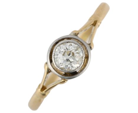 An Art Deco 18ct gold 0.3ct solitaire diamond target ring, rub-over set with old European-cut diamond, colour approx H/I, cla
