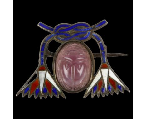 A Continental 800 silver-gilt amethyst and enamel Egyptian Revival scarab beetle brooch, 28.4mm, 3.3gBottom of brooch slightl