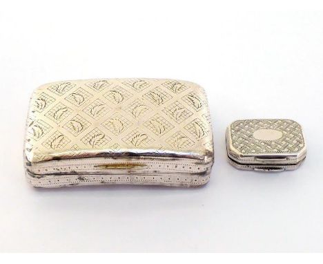A George III silver snuff box by Samuel Pemberton, Birmingham, 1803, curved oblong with cross-hatched diaperwork centred by l