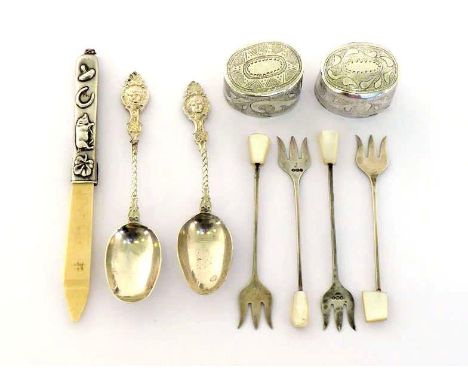 Four silver pickle forks by E. Viner, Sheffield, 1934/36/37, with mother-of-pearl finials; an ivory cuticle depressor wwith u