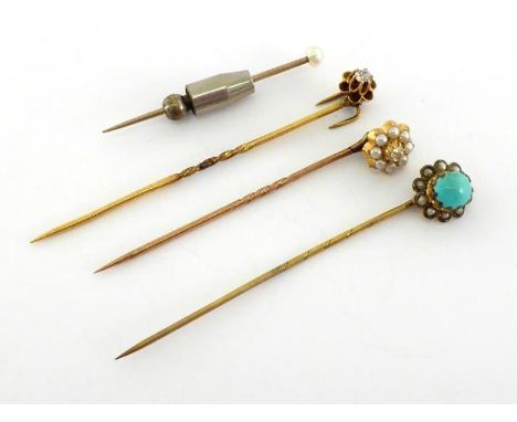 A collection of 19th century stick pins, including a diamond and seed pearl cluster, the head 9.2mm diameter; a turquoise and