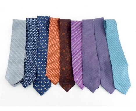 Nine gentlemen's silk ties, comprising:- two by Hermes, Paris; one by Salvatore Ferragamo; five by Lanvin, Paris; and one by 